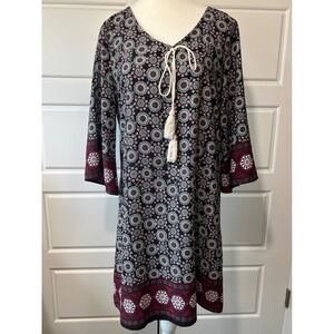 Love Luscious Floral‎ Print Dress Tassel Tie Neck 3/4 Sleeve Boho Chic S